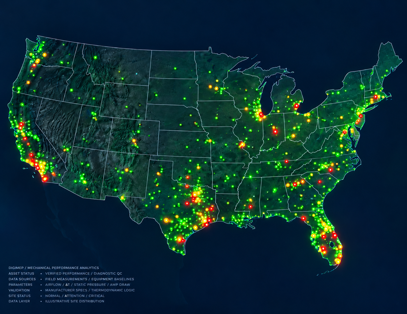 Neon heat map of building performance sites across the United States
