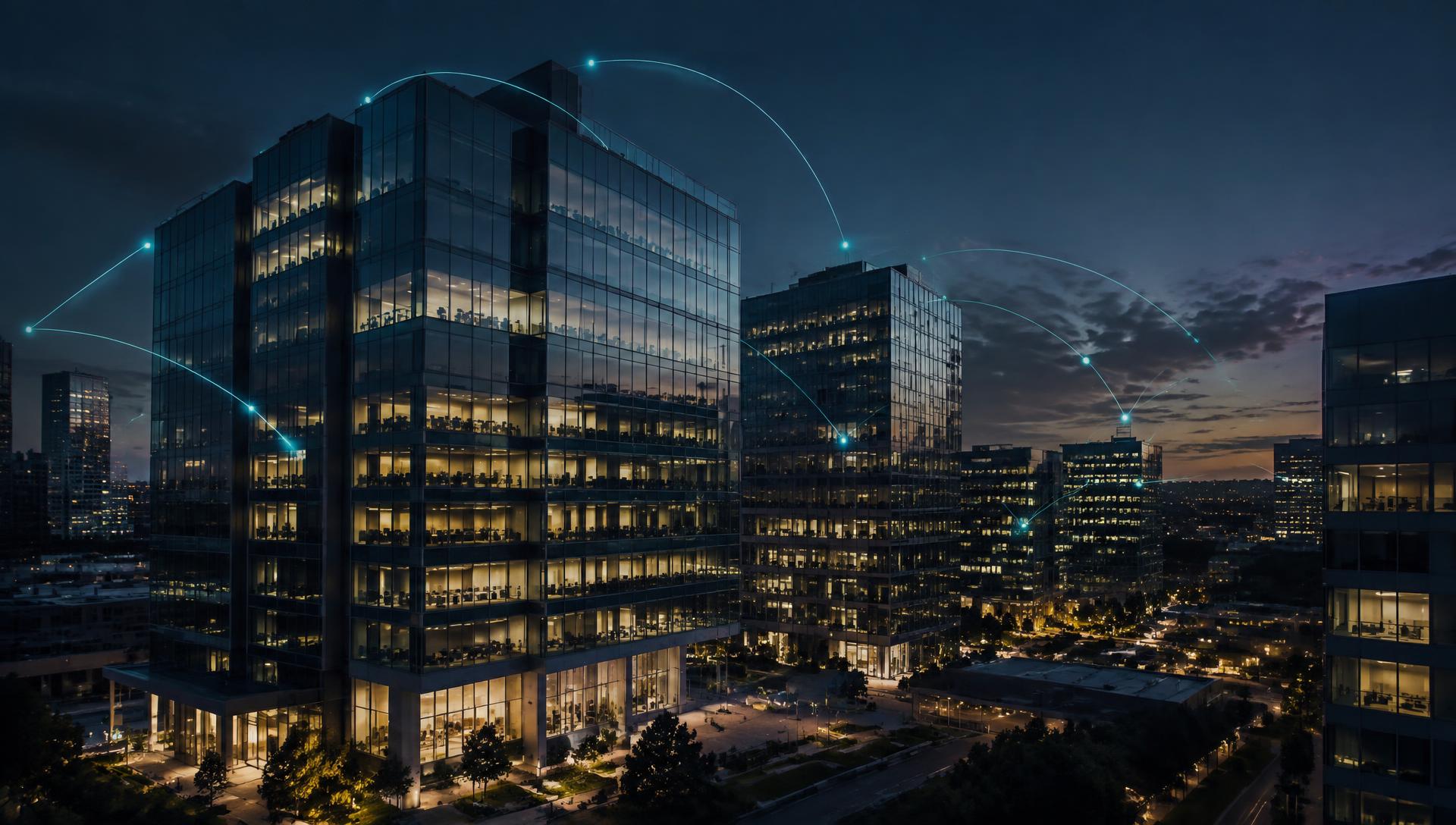 Connected commercial buildings at dusk